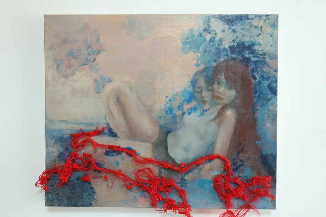 Painting of two figures wrapped in red thread