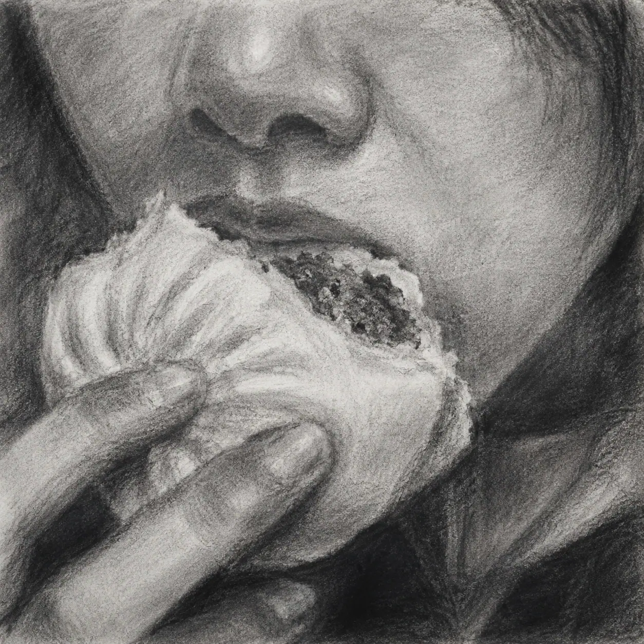 Charcoal drawing of a person biting into a steamed bun